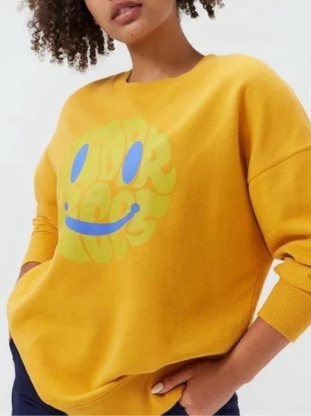 Outdoor Voices Golden Yellow Crewneck Sweatshirt with Blue Smiley